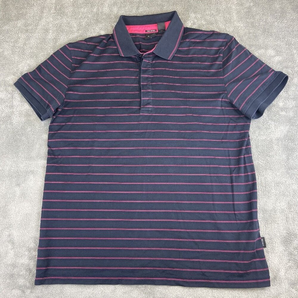 Hugo Boss‎ Pima Cotton Polo Shirt Men's M Black Pink Stiped Regular Fit